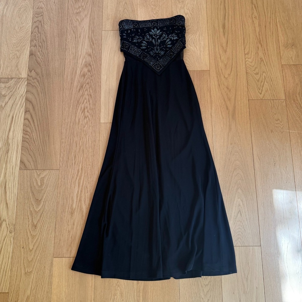 Caché Strapless Maxi Dress Black Embellished Mesh Waist Gown Zipper Formal Y2K